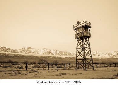 A watch tower at the Manzanar relocation camp in California where thousands of Japanese-Americans were held in detention during World War II.