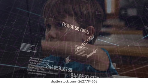 Watching boy in blue hoodie analyzing numeric sequences, code in dimly lit room, holographic grid. Futuristic, innovation, technology, coding, virtual, immersive, digital