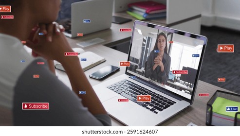 Watching image tutorial, person surrounded by play and subscribe buttons image. Learning, technology, online, media, internet, digital