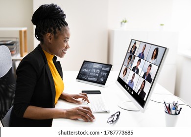 Watching Video Conference Business Webinar On Computer