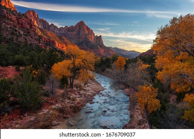 The Watchman In Zion National Park At Autumn