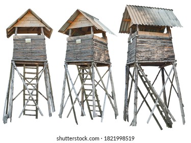 Watchtower isolated on a white background. Mockup for design. Wooden tower for hunting and observation. The tower from different angles.