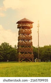 Watchtower on the green meadow on a sunny day.Summer season. High quality photo