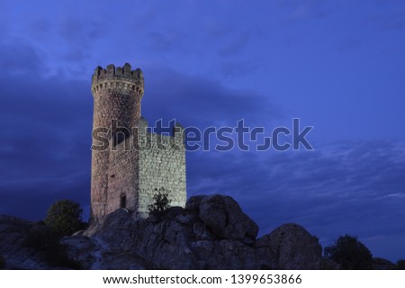 watchtower the tower of the Lodones at nightfall, in Torrelodones, province of Madrid, Spain