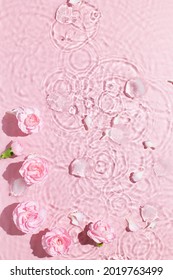 Water background. Pink aqua texture, surface of ripples, transparent, flower, shadows and sunlight. Spa and cosmetic concept background. Flat lay, top view, copy space, banner - Shutterstock ID 2019763499