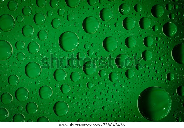 Water beads on
glass with coloured
background