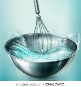 water being poured into a metal bowl with a whisk in it, realistic fantasy illustration