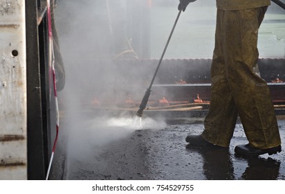 water blasting ultra high pressure procesing close up on a ship