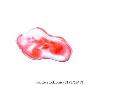 Water And Blood Drop Isolated On White Background. Colorful Glossy Droplet With Reflect Cut Out Close Up. Splattered Translucent Bloody Paint Surface Closeup. Abstract Ink Splashes Cutout, Top View