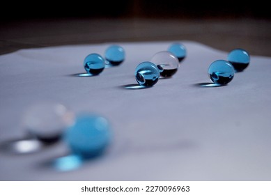 water blue gel balls.Polymer gel.Silica gelBalls of blue hydrogel.Crystal liquid ball with reflection. Close up macro