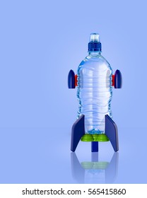 Water Bottle In The Form Of A Rocket On Blue Background