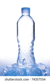 water bottle white shot in high key copy space in center bottle and ice  reflection   water droplets in gradient  cool blue tone