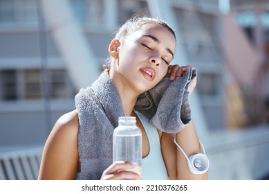 Water Bottle, Sweat And Tired Runner Woman In Urban City For Outdoor Workout Results Or Exercise Challenge In Summer. Young Sports Athlete Girl And Fitness Gear For Healthy Cardio Training Motivation