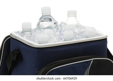 Water Bottles In A Soft Sided Cooler Or Ice Chest. Close Up In Horizontal Format Isolated Over White.