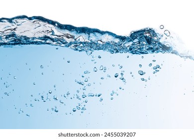 Water Bubbles Float Up. Water Wave, Freshness Pure Water Splashing Isolated on White.