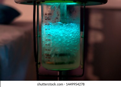 Water Bubbles And Smoke In Bottle In Laboratory And Ozone Therapy Steam Machine