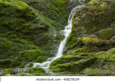 Water cascades over the moss covered rocks of Buttermilk Falls in the Delaware Water Gap National Recreation Area in Walpack, New Jersey.