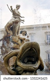 Water Cascading on the Fountain of Diana in Siracusa, Sicily