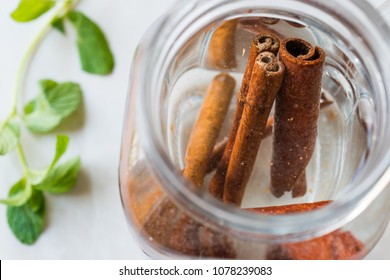 Water With Cinnamon Sticks In Mason Jar.