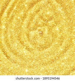 Water circle with gold sparkles background. Yellow glitter backdrop. Golden texture. New year luxury snow. Copyspace. Shimmer confetti wallpaper. Dreamy shiny design detail