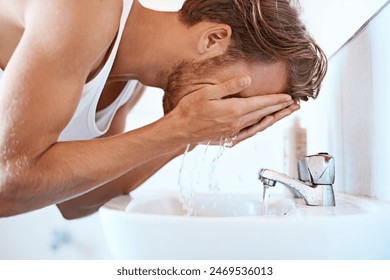 Water, cleaning and hands of man in bathroom for washing face, hygiene or morning routine at sink. Splash, wellness and person by faucet for grooming, self care or natural facial treatment in home - Powered by Shutterstock