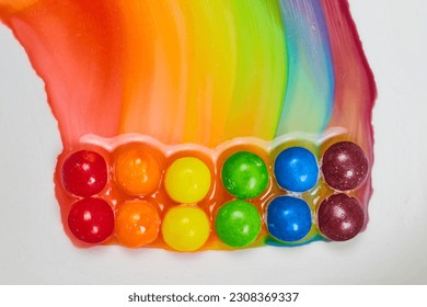 Water colors create tie dye effect as double rainbow colors leak on white background