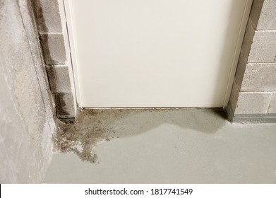 Water coming out from under a door in basement caused by sewer backflow due to clogged sanitary drain