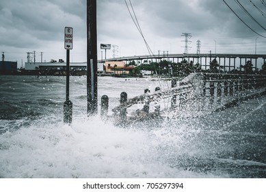 Water coming over the streets in Kemah during Hurricane Harvey 