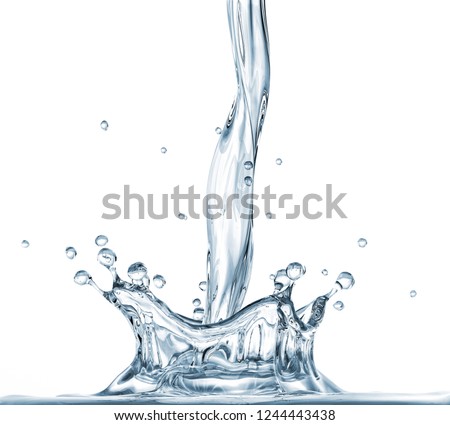 Water crown splash with pour. On white background. Side view.