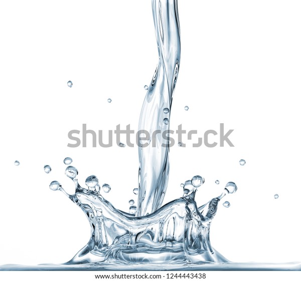 Water crown splash with pour. On white background.\
Side view.