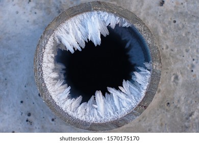 Water Crystallization In The Floor, Ice Inside The Pipe Section.