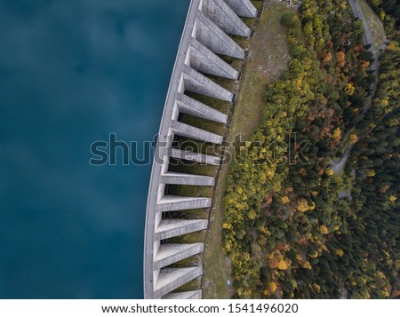 water dam view from above, renewable energy, aerial landscape
