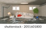 Water damager after flooding in basement with furniture floating 
