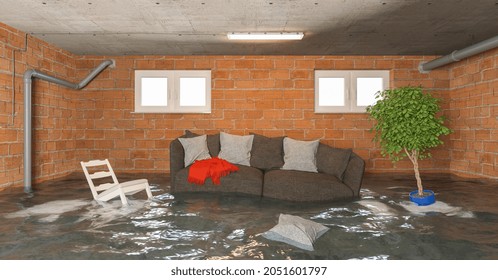 Water Damager After Flooding In Basement With Floating Sofa And Furniture