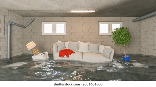 Wasserschäden nach Überschwemmungen im Untergeschoss mit schwimmenden Möbeln 