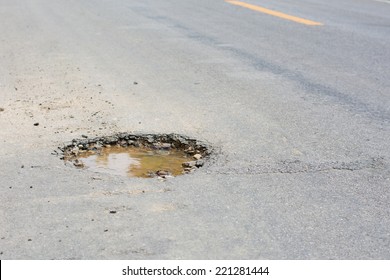 Water In The Dangerous Pothole On The Road