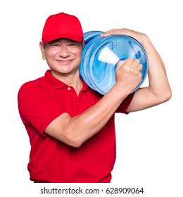 Water Delivery. Cheerful Delivery Man Holding A Water Jug While Isolated On White Background.