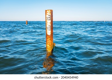 Water depth measurement tool or sea level marker.Observation of the water level scale to prevent floods and disasters - Powered by Shutterstock