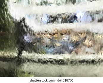 Water Dripping Down On A Glass Wall With Bokeh And Blurry Of Human.