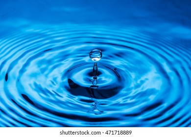 Water drop falling down. Abstract blue background. 