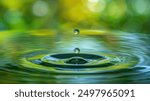 A water drop falling into calm water creating ripples and reflections on a green surface