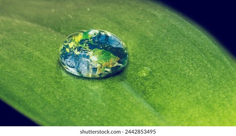 Water, drop and leaf with earth for sustainability and awareness of climate change, nature and environment. Globe, plant and droplet on blade of grass for eco friendly, future and clean energy - Powered by Shutterstock