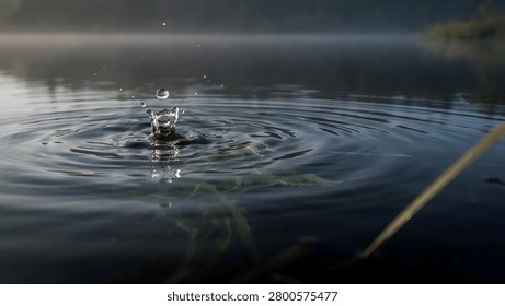     Water Drop Splash Creating Ripple Circles on a Calm Lake Surface