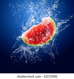 Water drops around watermelon on blue background