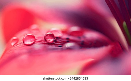 Water drops, leaf and plant in nature, environment or outdoor on a background in summer. Flower petal, droplet or liquid with morning dew, abstract texture or color closeup on mockup space for growth