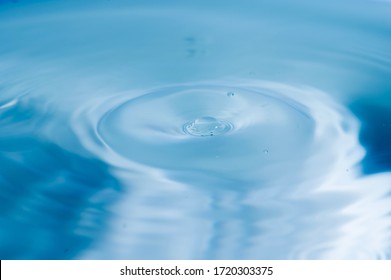 Water Drops Splash And Circle Reflextion Background.Close Up Fresh Water Drops Falling Into The Water And Ripples Of Light Blue.