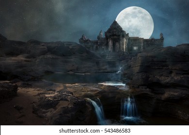 Water Fall At Night With Castle Ancient Khmer Art.