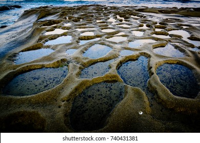 Water filled craters at the La Jolla tide pools in San Diego, California