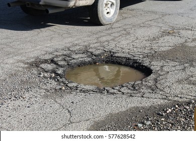 Water Filled Pot Hole In The Road