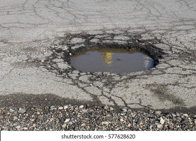 Water Filled Pot Hole In The Road